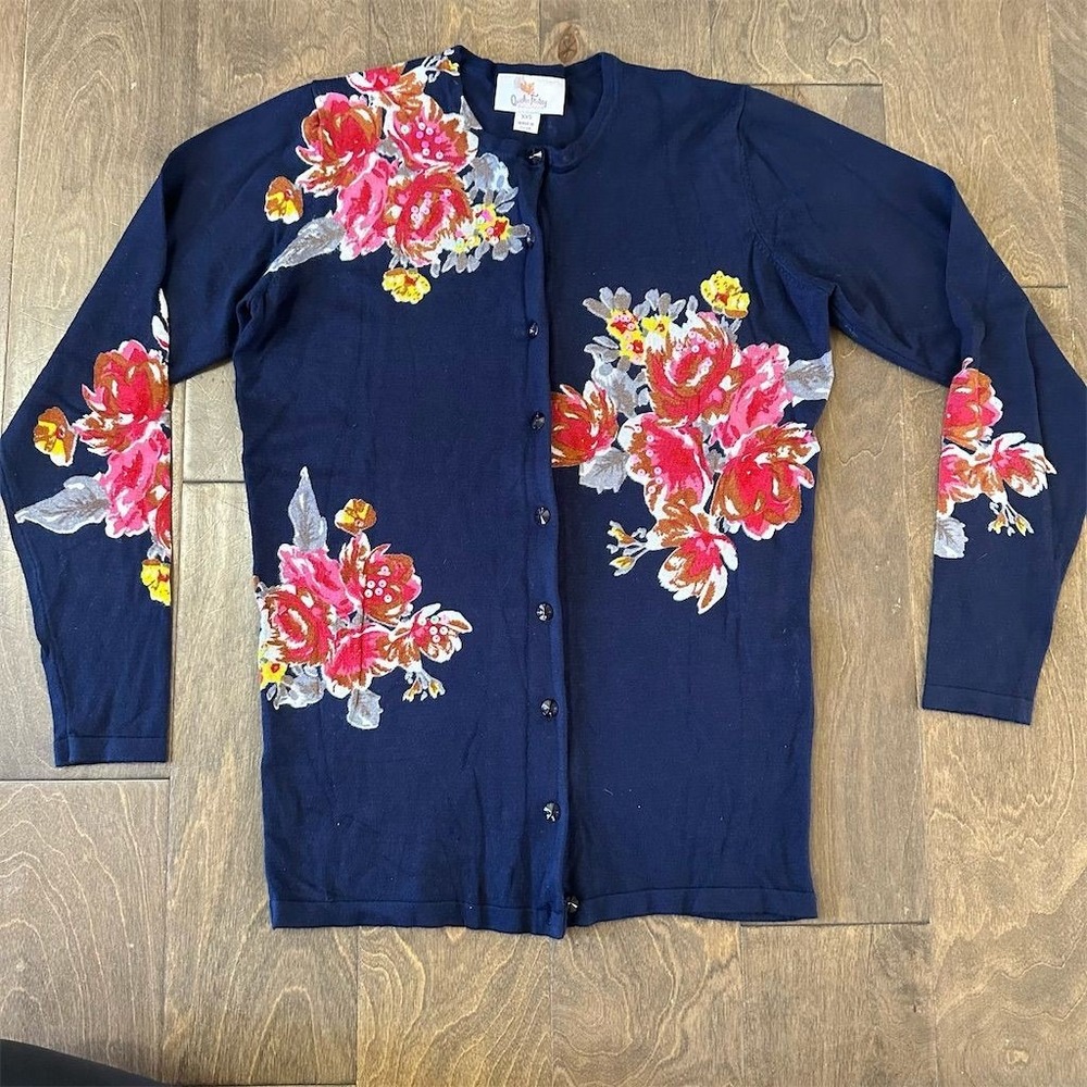 Quacker Factory Women's 2XS Blue Floral Embellished Cardigan Sweater